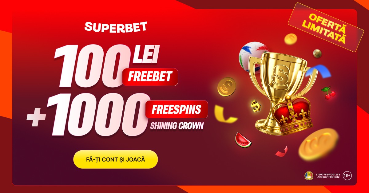 Ofertă limitată Superbet - 100 lei pariu gratuit și 1000 rotiri gratuite la Shining Crown